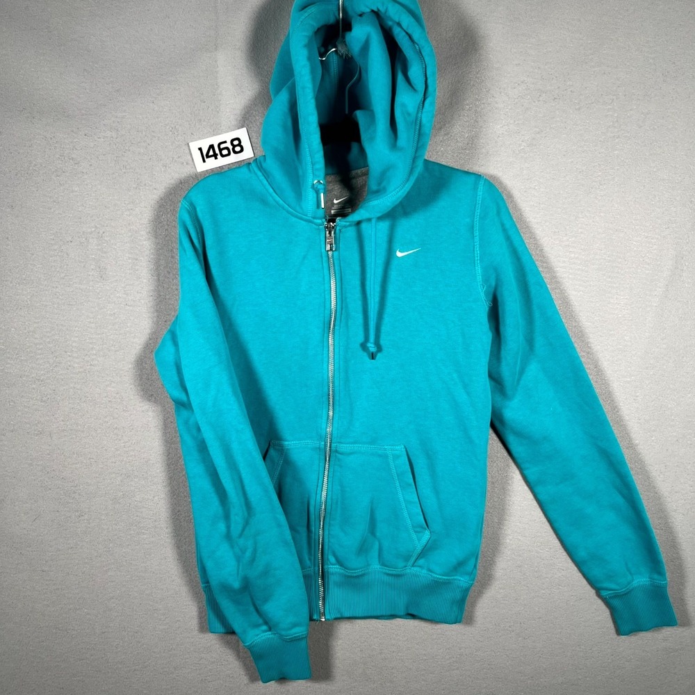 Nike Jacket Womens Small Teal Blue‎ Swoosh Logo Fleece Ribbed Hem Long Sleeve